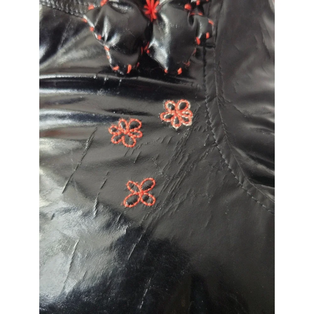 Catimini Black Patent Hooded Coat Faux Fur‎ Trim Flower Detail Size 4